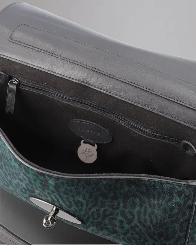 Medium Lily Top Handle Pre-Loved Mulberry Green & Black Leopard Suede