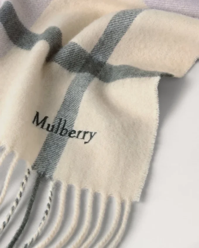 Small Check Merino Wool Scarf Eggshell & Olive Merino Wool
